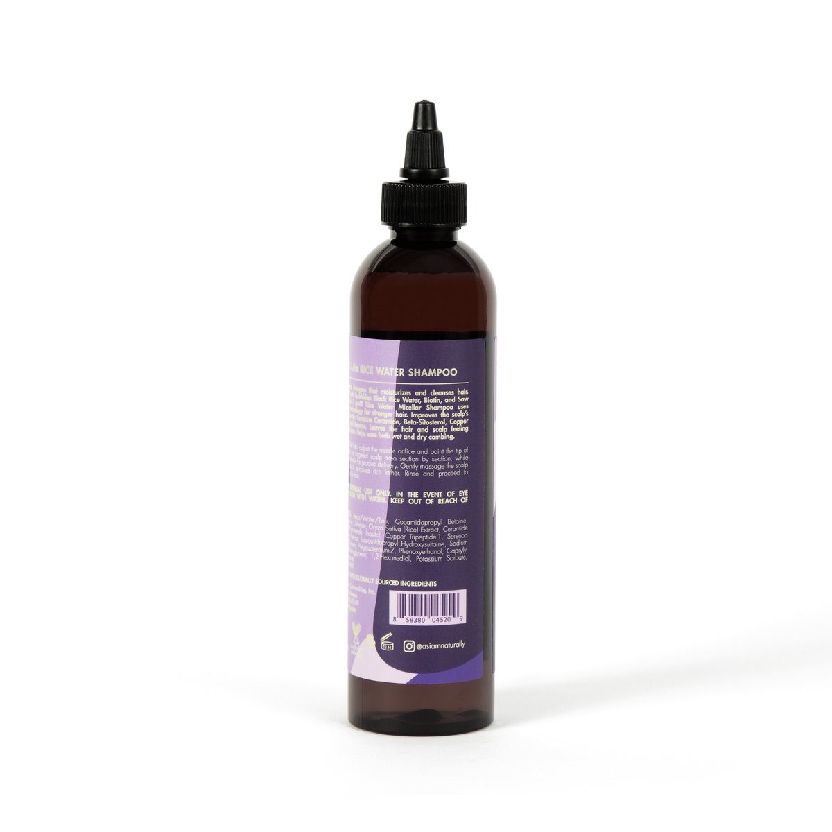 Bagsiden af en brun flaske As I Am Rice Water Micellar Shampoo (237 ml), der viser ingrediensliste, brugsanvisning og anden produktinformation.