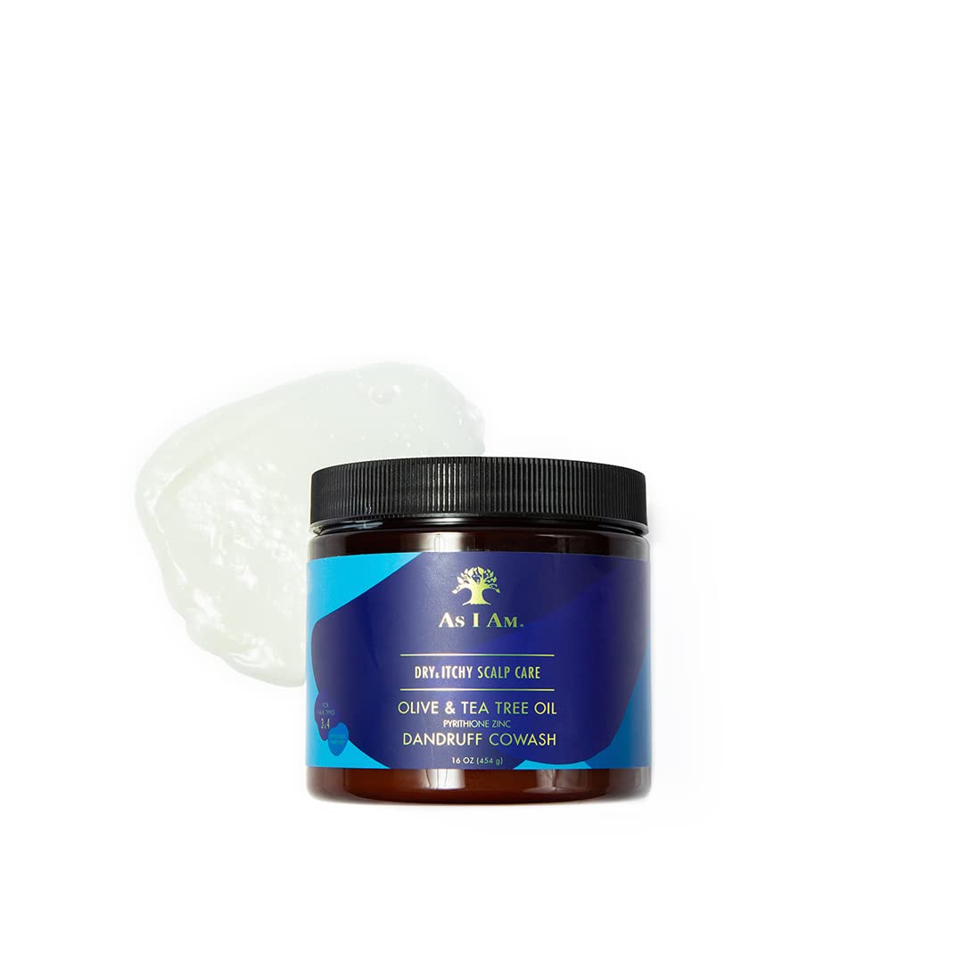 En beholder med As I Am Dry & Itchy Scalp Care Dandruff CoWash står foran en hvid baggrund med en klat af den hvide CoWash ved siden af.