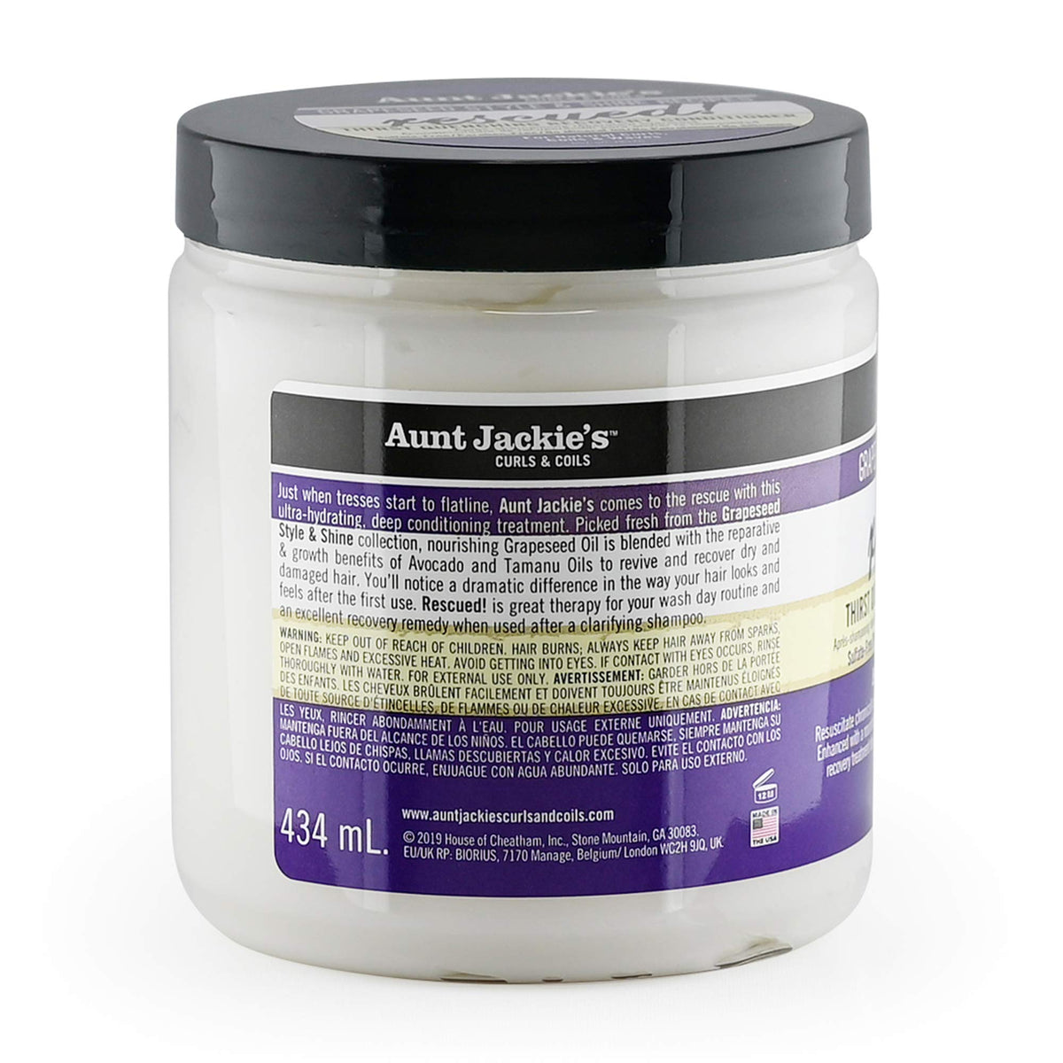 Bagsiden af Aunt Jackie's Rescued Thirst Quenching Recovery Conditioner (434 ml) med information om produktets fordele og ingredienser.
