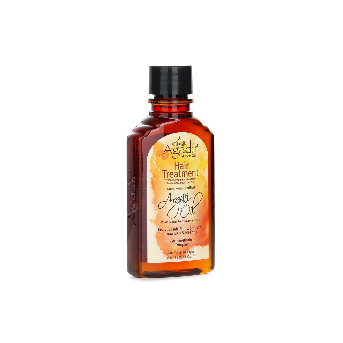 Sidevisning af en brun glasflaske med Agadir Argan Oil Treatment. Etiketten viser produktet Agadir Argan Oil Treatment og indeholder information om produktets fordele, såsom at gøre håret skinnende og glat.