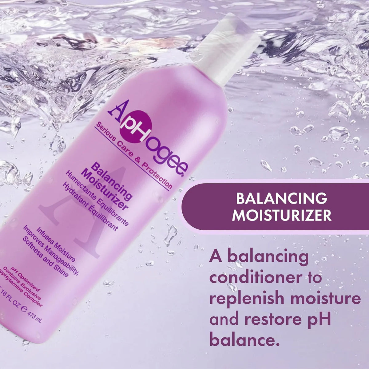 ApHogee Balancing Moisturizer flaske i lyslilla med hvid skruelåg, omgivet af vandsprøjt og bobler.