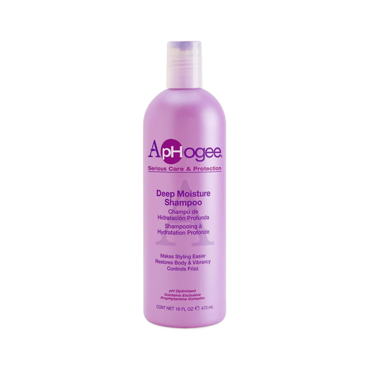 ApHogee Deep Moisture Shampoo, lyslilla flaske på 473 ml med gennemsigtigt låg mod hvid baggrund.