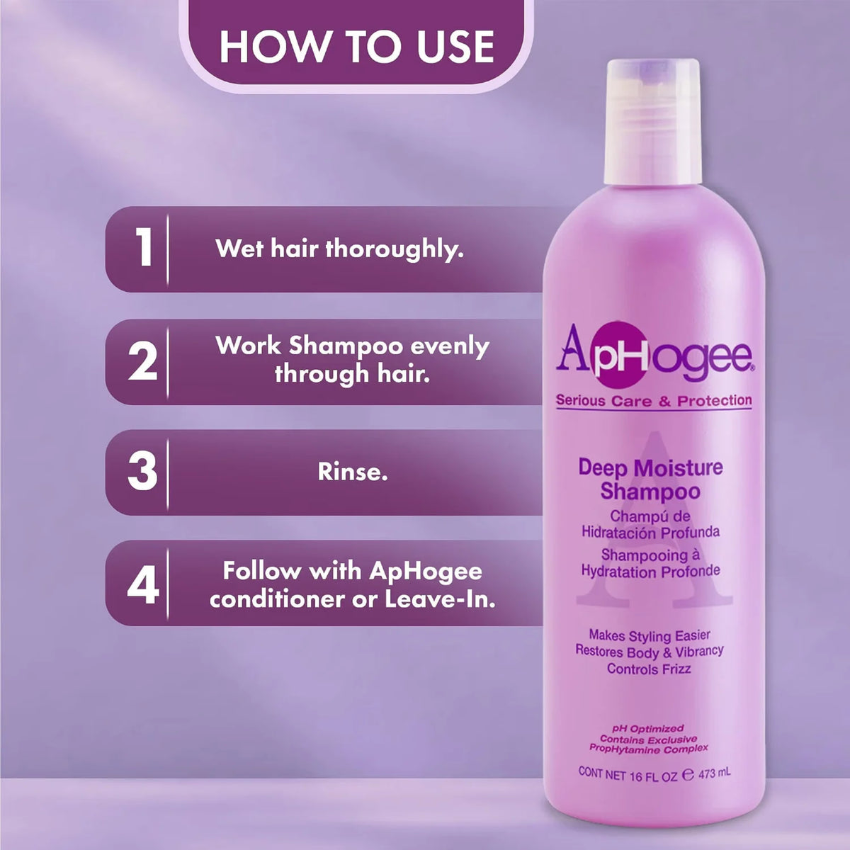 ApHogee Deep Moisture Shampoo flaske med brugsanvisning i 4 trin på lilla baggrund.