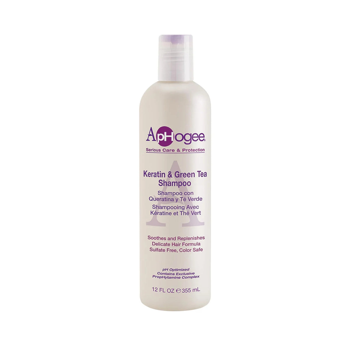 ApHogee Keratin & Green Tea Shampoo flaske, hvid med lilla tekst, 355 ml, sulfatfri hårpleje.