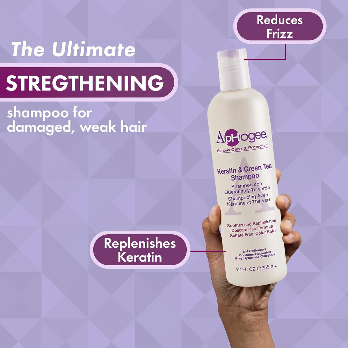 Hånd holder ApHogee Keratin & Green Tea Shampoo flaske, den ultimative styrkende shampoo til beskadiget, svagt hår.
