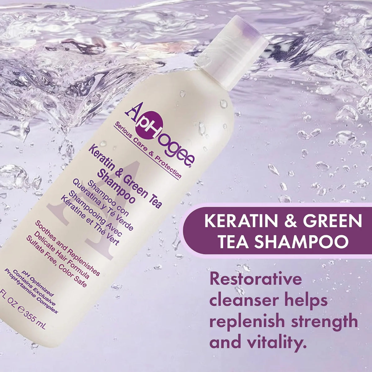 ApHogee Keratin & Green Tea Shampoo-flaske i hvid/lilla, omgivet af vandstænk, restorativ hårrensning 355 ml.