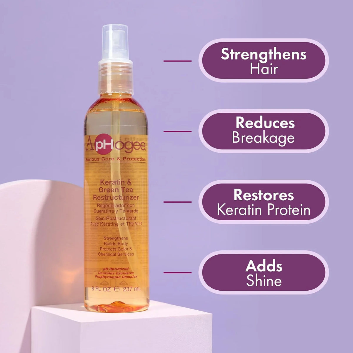 ApHogee Keratin & Green Tea Restructurizer-flaske med tekst om styrket hår, mindre knækkede hår, restaureret keratin og skinnende glans.
