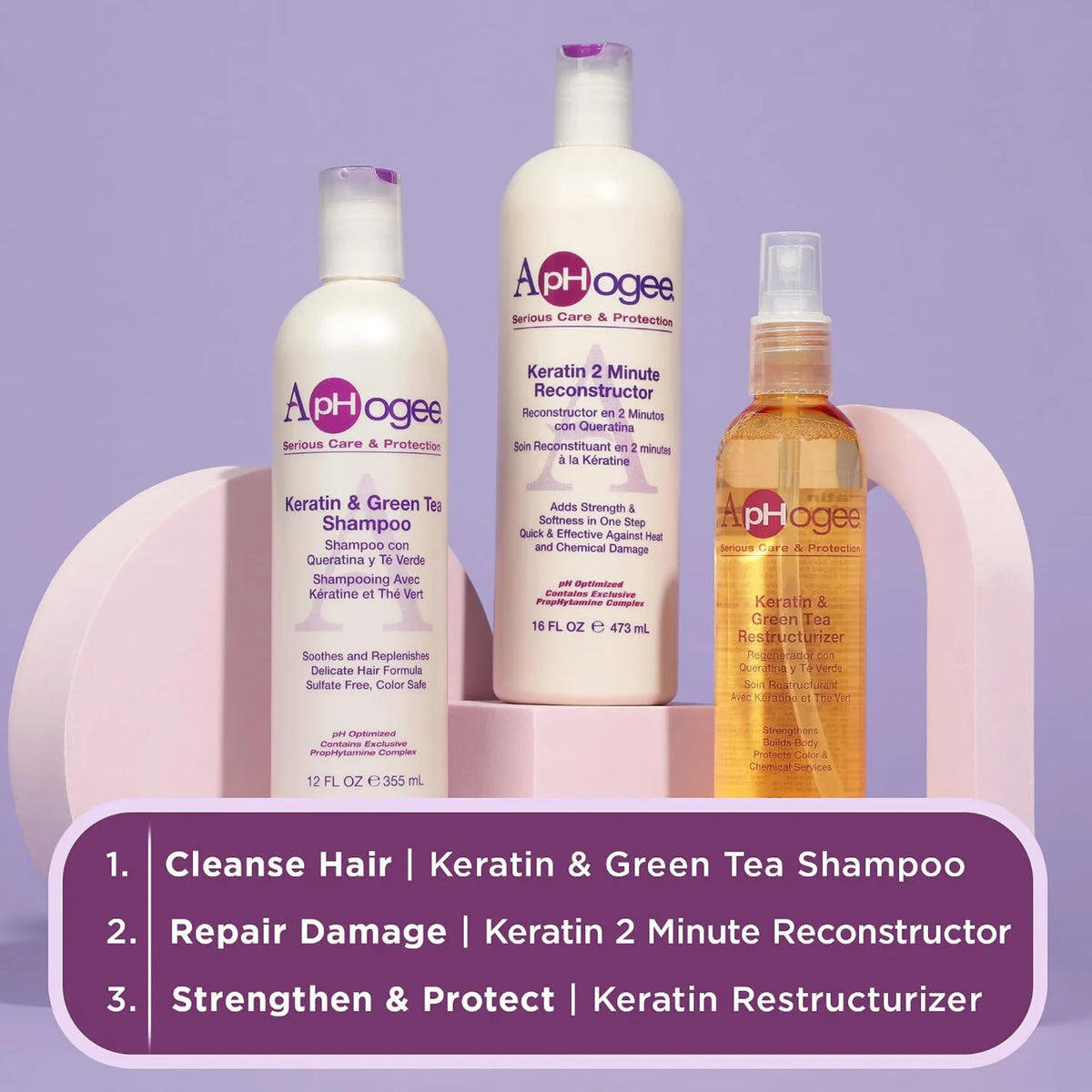 ApHogee Keratin & Green Tea Shampoo, Reconstructor og Restructurizer i tre trin til hårpleje på lilla baggrund.