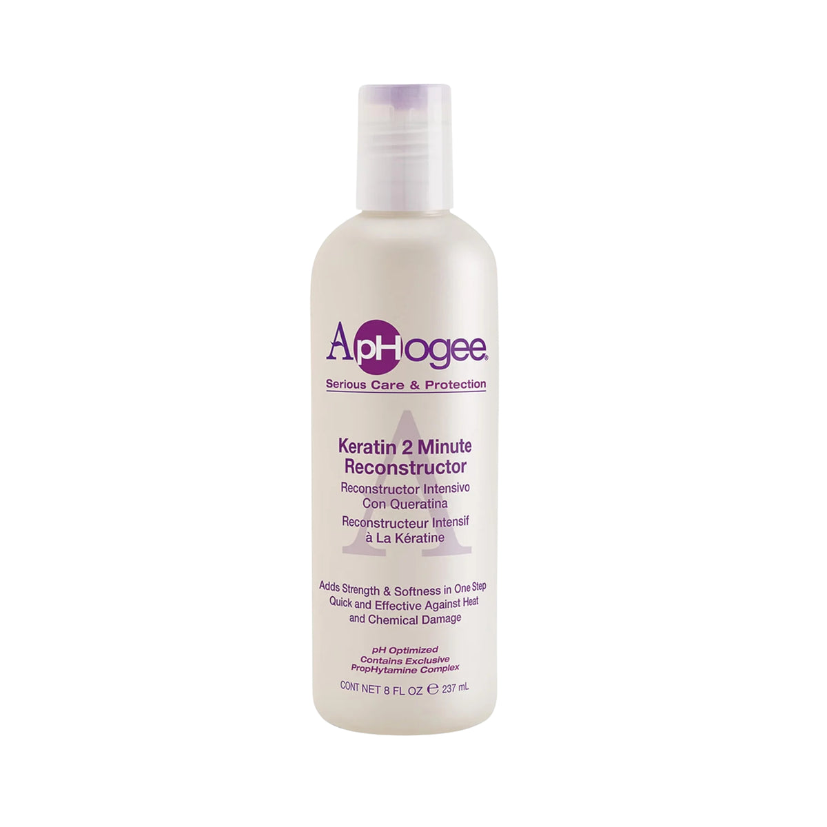 ApHogee Keratin 2 Minute Reconstructor, hvid flaske med lilla tekst, 237 ml hårkur mod varme- og kemisk skade.