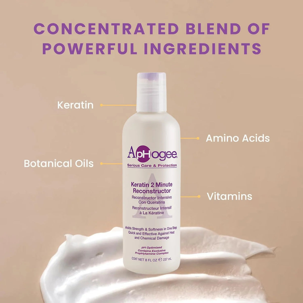 ApHogee Keratin 2 Minute Reconstructor flaske med etiketter: keratin, aminosyrer, botaniske olier og vitaminer på cremet baggrund.