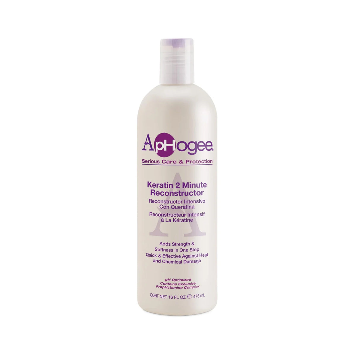 ApHogee Keratin 2 Minute Reconstructor, hvid flaske med lilla tekst, 473 ml hårkur mod varme- og kemisk skade.