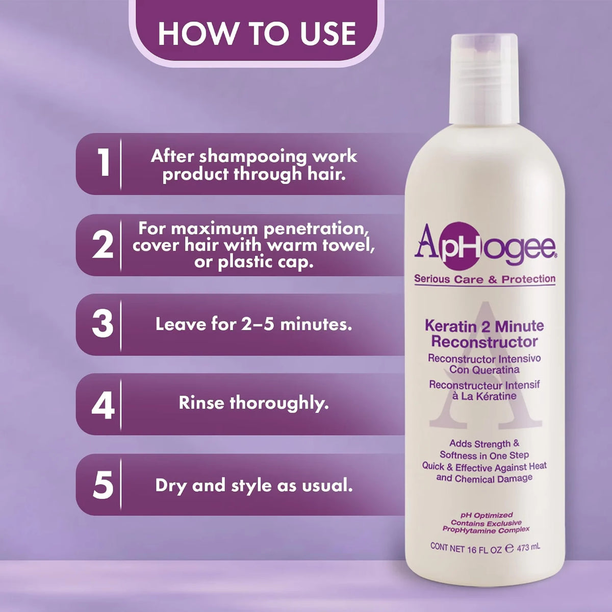 ApHogee Keratin 2 Minute Reconstructor flaske med 5 trins brugsanvisning på lilla baggrund.