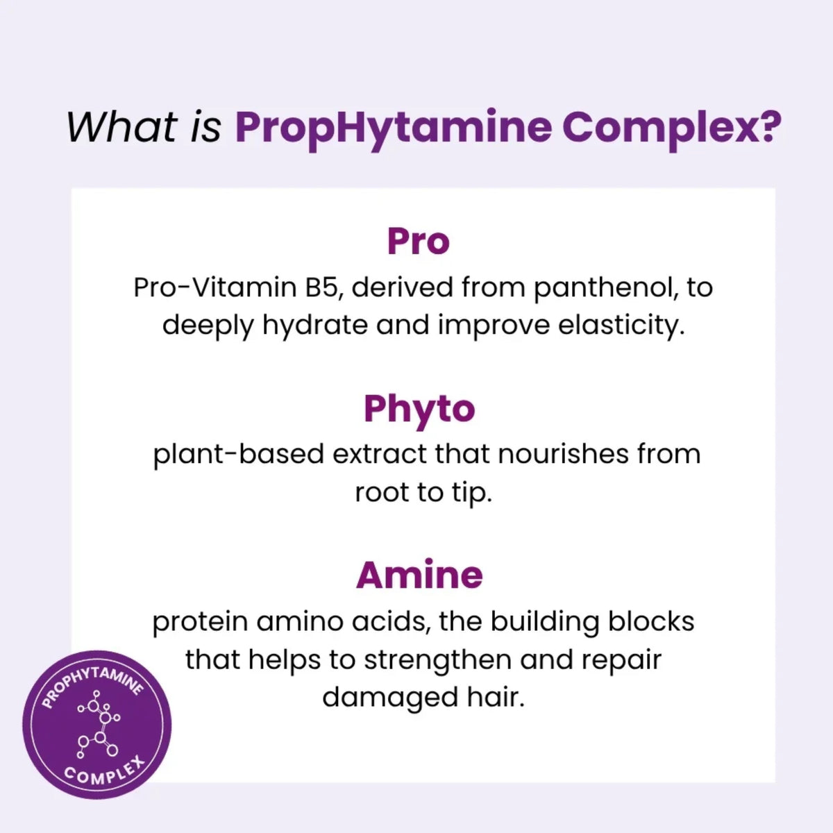 Infografik der forklarer PropHytamine Complex: Pro-Vitamin B5, plantebaseret Phyto-ekstrakt og styrkende amino-Amine til hårpleje.