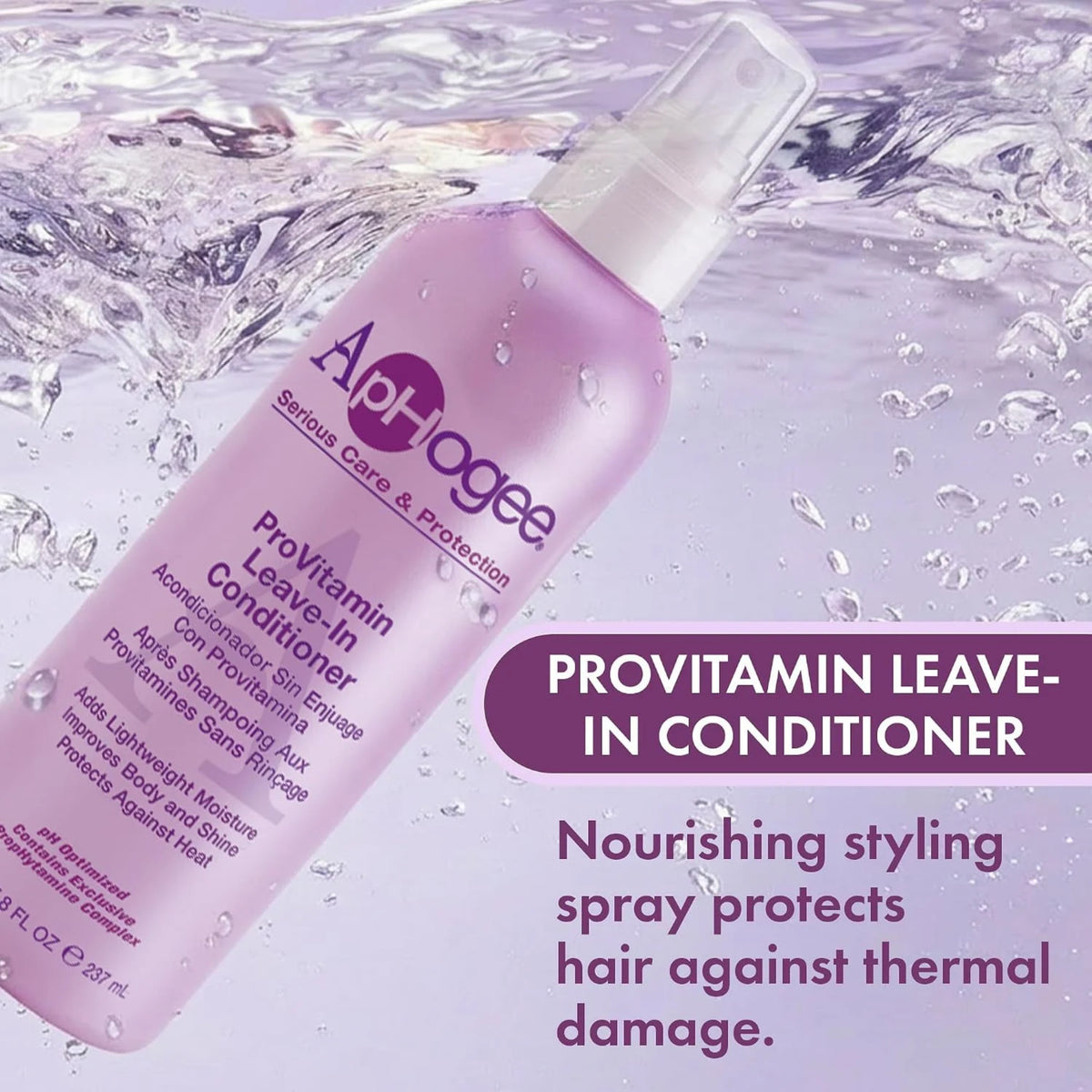 ApHogee ProVitamin Leave-In Conditioner sprayflaske i lyslilla, omgivet af vandstænk mod stænkende baggrund.