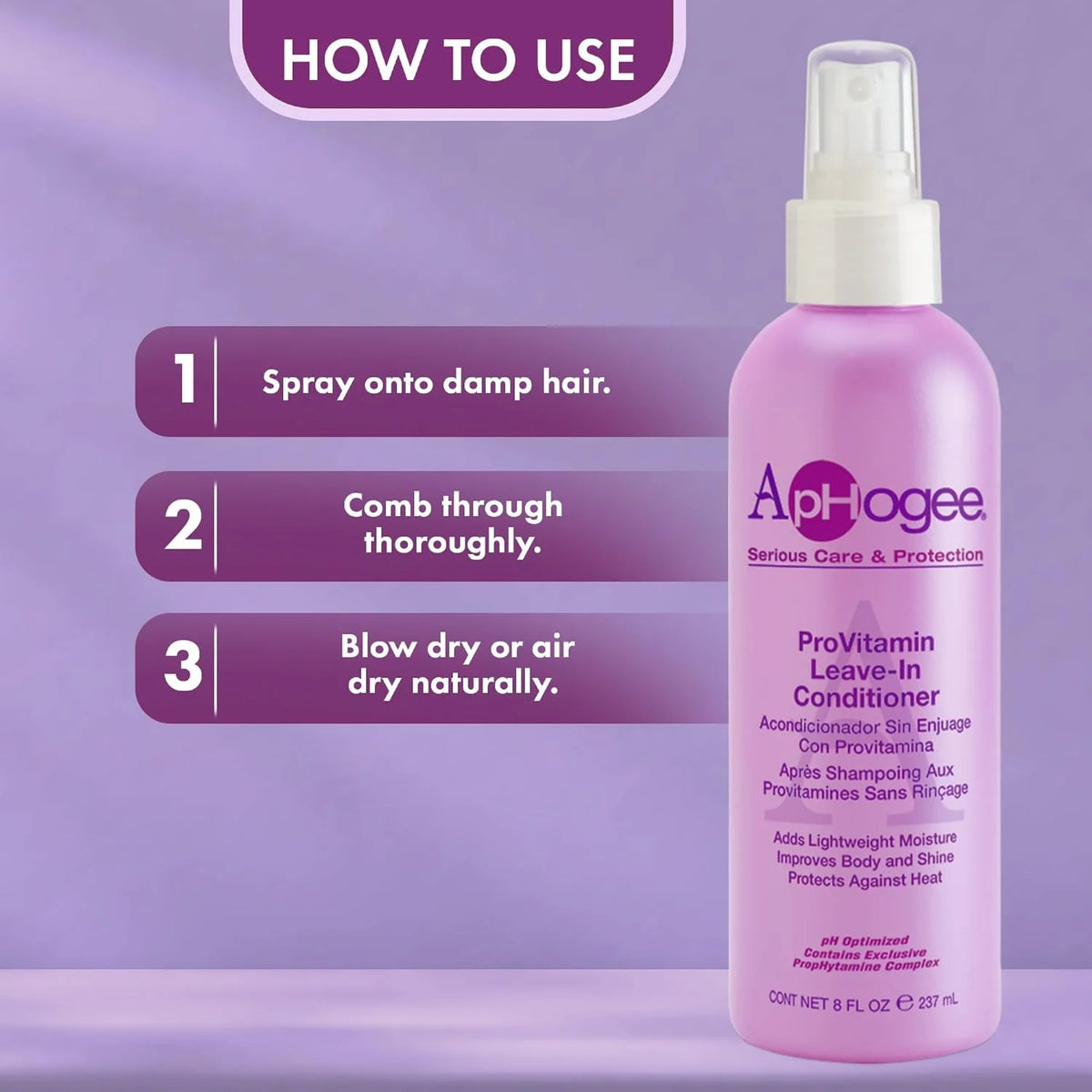 ApHogee ProVitamin Leave-In Conditioner sprayflaske med brugsanvisning i tre trin på lilla baggrund.