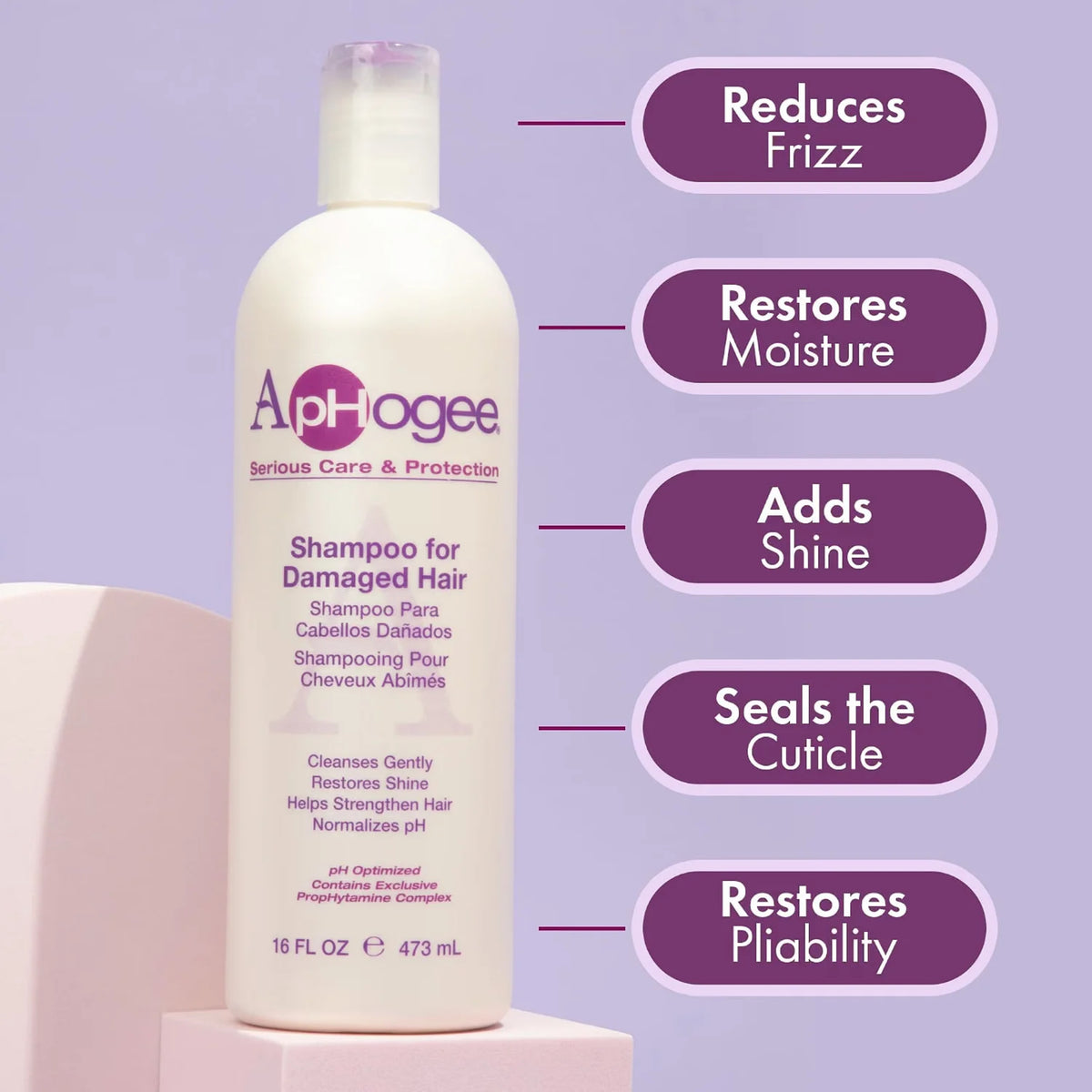 ApHogee Shampoo for Damaged Hair, hvid flaske med lilla tekst, viser fordele som reducerer frizz og restorer fugt.