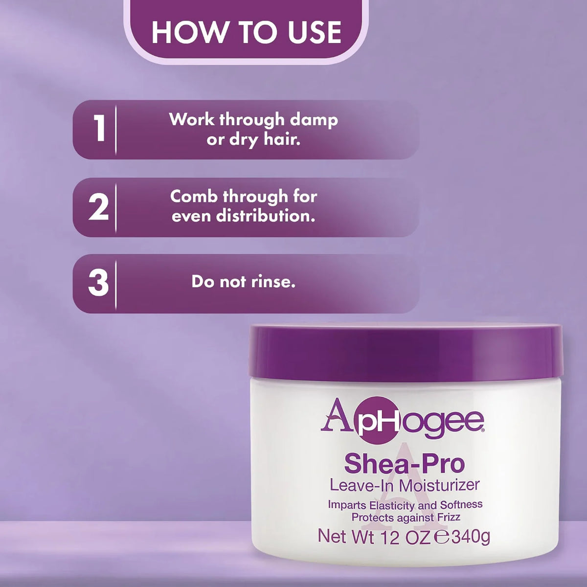 ApHogee Shea-Pro Leave-In Moisturizer krukke med lilla låg og brugsanvisning i tre trin på lilla baggrund.