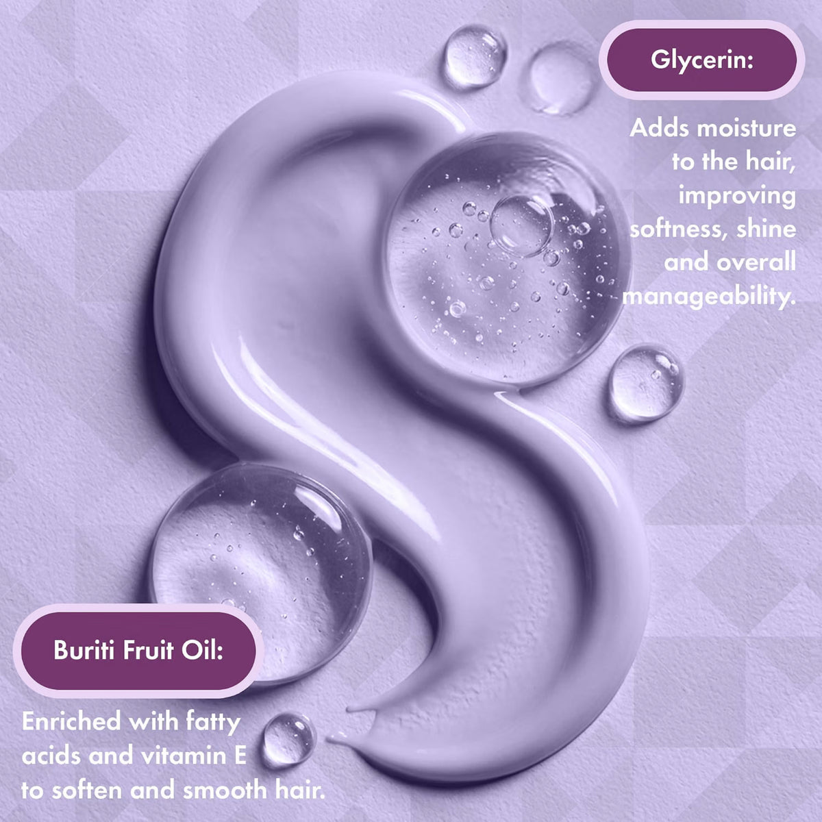 Lyslilla hårserum med glycerin og buriti-frugtolie, tekstur i S-form med gennemsigtige dråber på lilla baggrund.