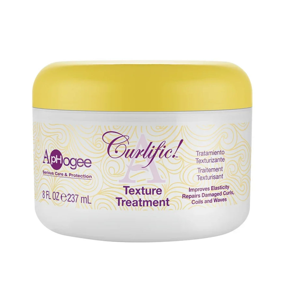 ApHogee Curlific Texture Treatment, hvid krukke med gult låg, 237 ml, til reparation af krøller og bølger.