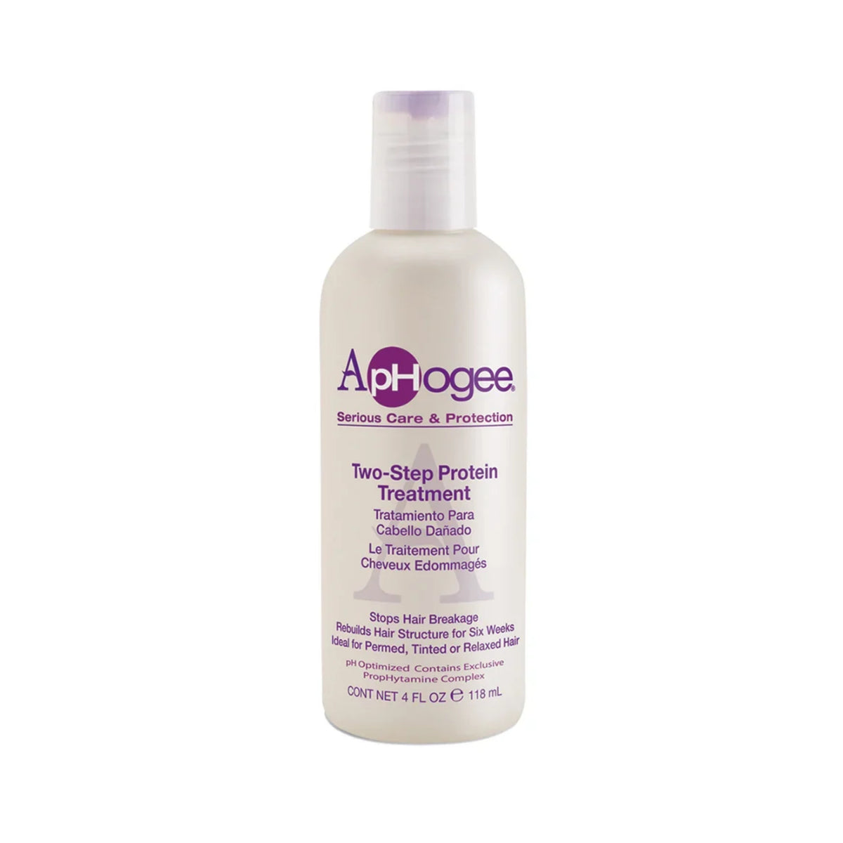ApHogee Two-Step Protein Treatment flaske, 118 ml, hvid med lilla logo og tekst mod hvid baggrund.