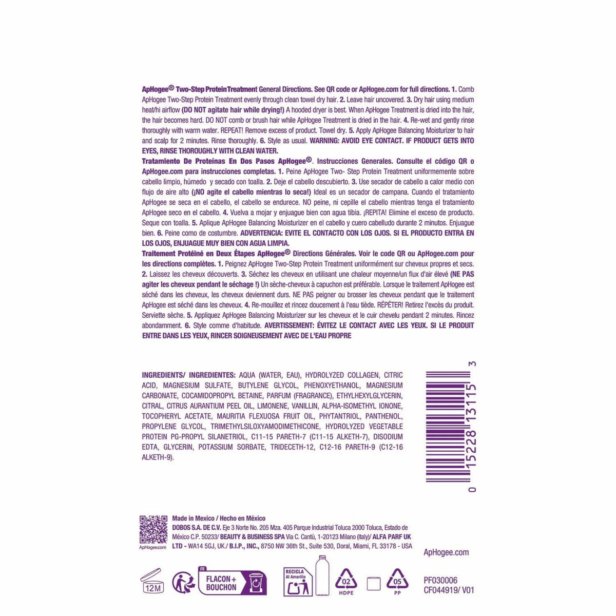 ApHogee Two-Step Protein Treatment - bagsideetiket med brugsanvisning på engelsk, spansk og fransk samt ingrediensliste og stregkode.