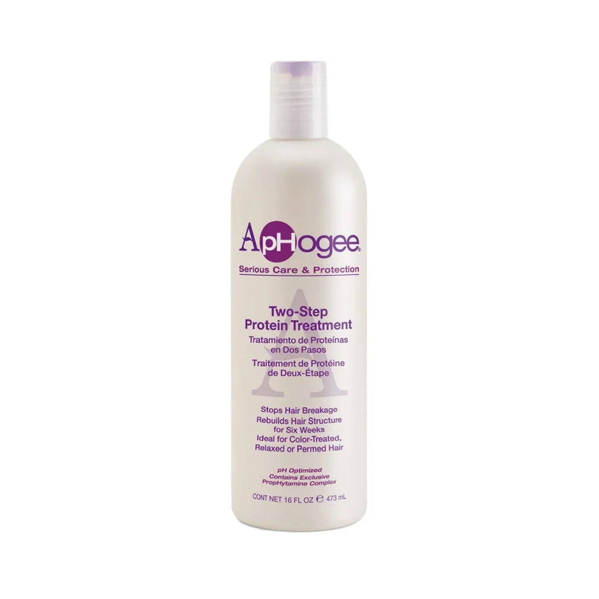 ApHogee Two-Step Protein Treatment flaske i creme med lilla tekst, 473 ml, mod hårskader.