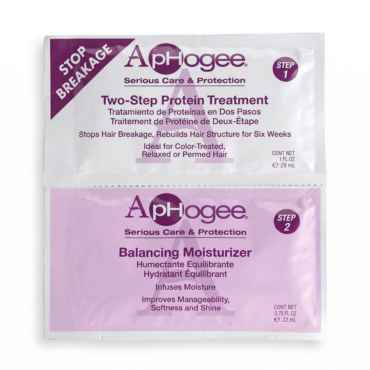 ApHogee Two-Step Protein Treatment pakke: hvid trin 1 proteinbehandling og lilla trin 2 balancerende fugtighedscreme mod hårskader.