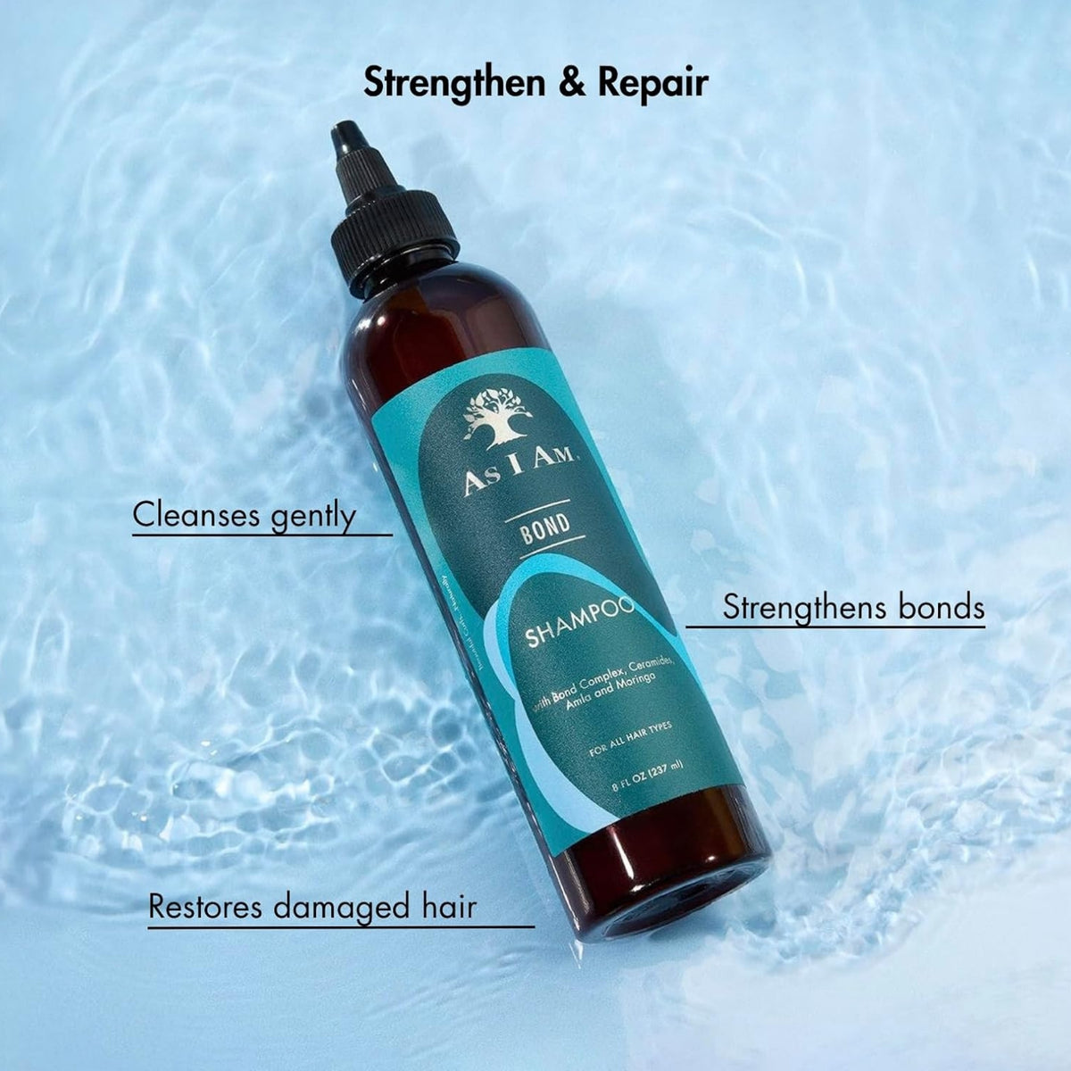 As I Am Bond Shampoo-flaske i vandsprøjt, styrker og reparerer skadet hår skånsomt.