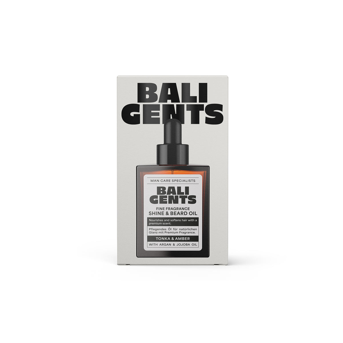 Bali Gents Beard Oil 30ml i elegant brun glasflaske med pipette og sort-hvid emballage med tydelig produkttekst.