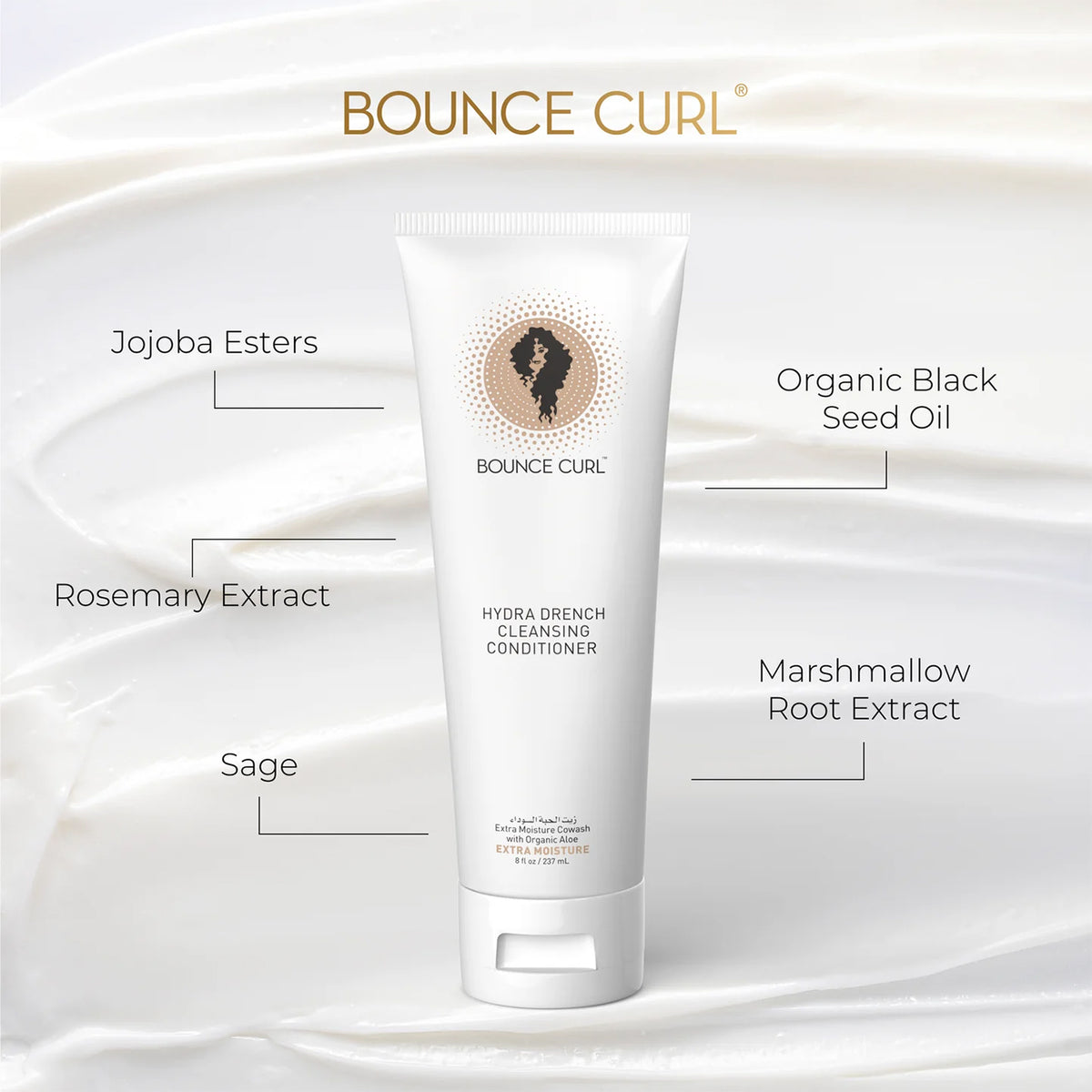 Bounce Curl Hydra-Drench Cleansing Conditioner 237ml stående på hvid cremebaggrund med noter af naturlige ingredienser.