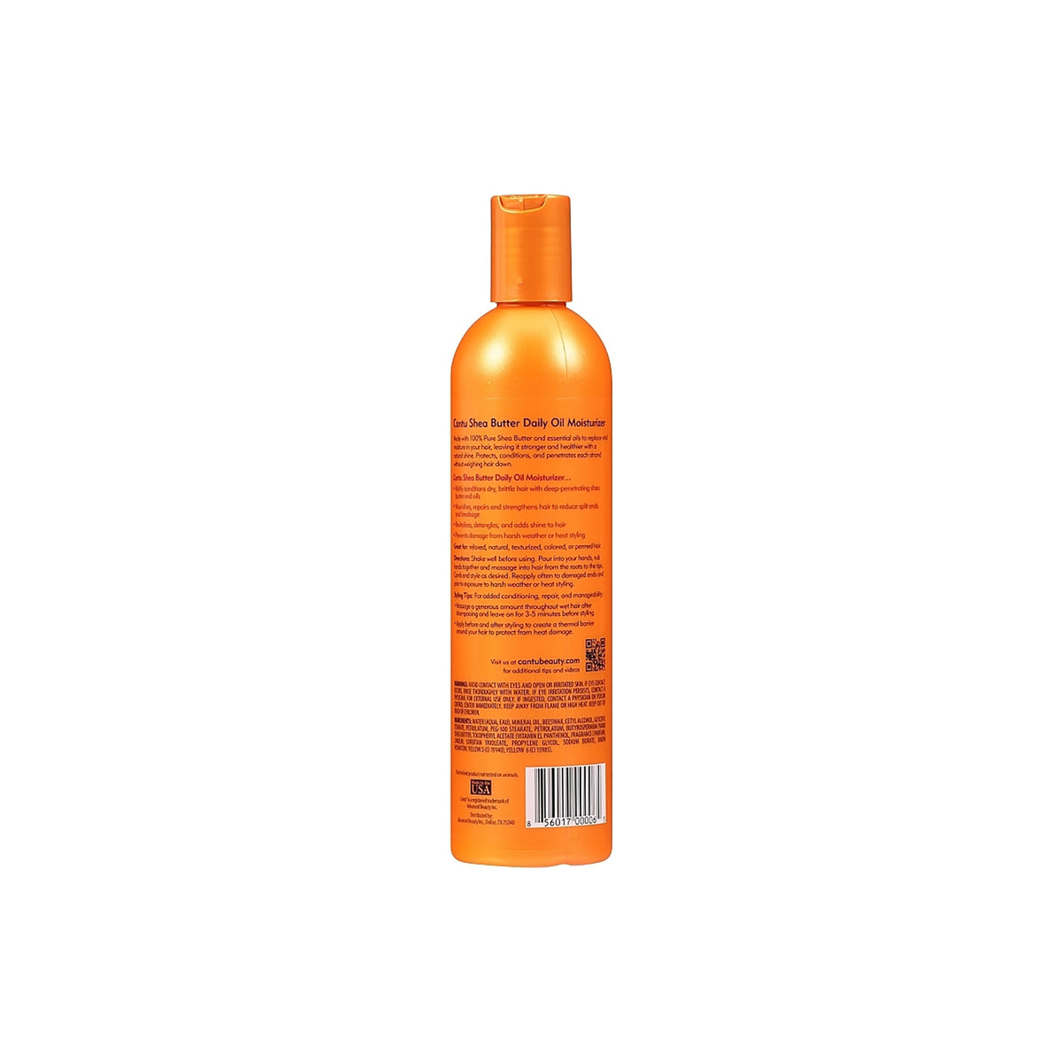 Bagside af Cantu Daily Oil Moisturizer med ingredienser og brugsanvisning.