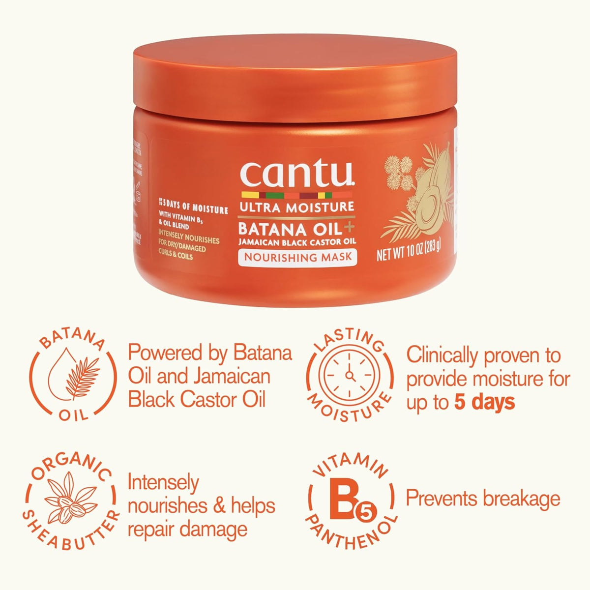 Cantu Ultra Moisture Batana Oil nourishing mask i orange dåse med ikoner for sheasmør, B5-vitamin og fugt i 5 dage.