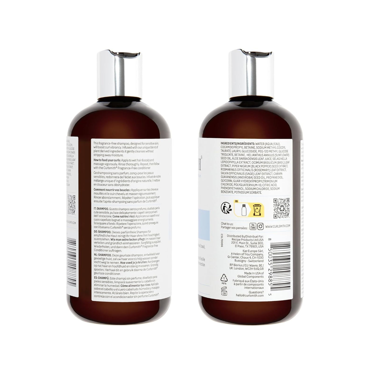 To brune Curlsmith parfumefri shampooflasker med sølvlåg, viser ingrediensliste og brugsanvisning på flere sprog.