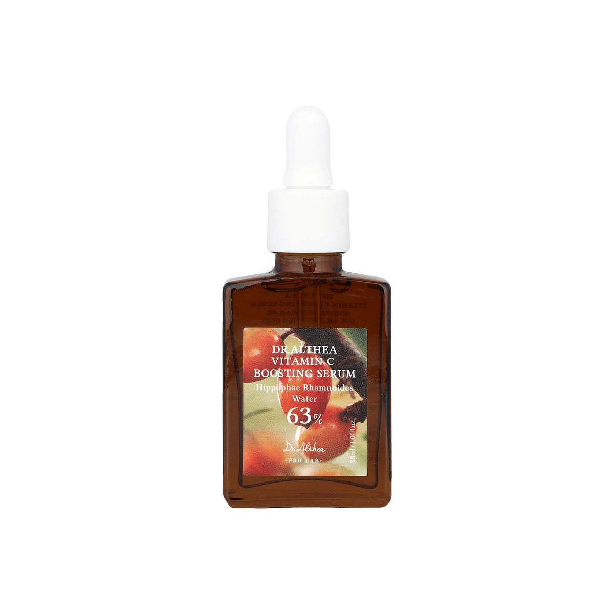 Dr.Althea Vitamin C Boosting Serum 30ml i brun glasflaske med hvid pipette og farverigt etiketdesign.