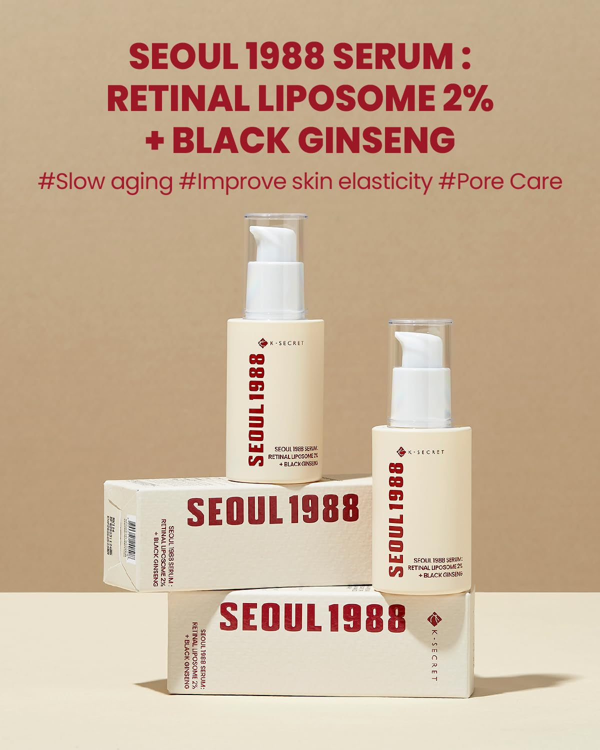 To flasker K-Secret Serum: Retinal Liposome 2% + Black Ginseng 30 ml på beige baggrund med matchende hvide æsker.