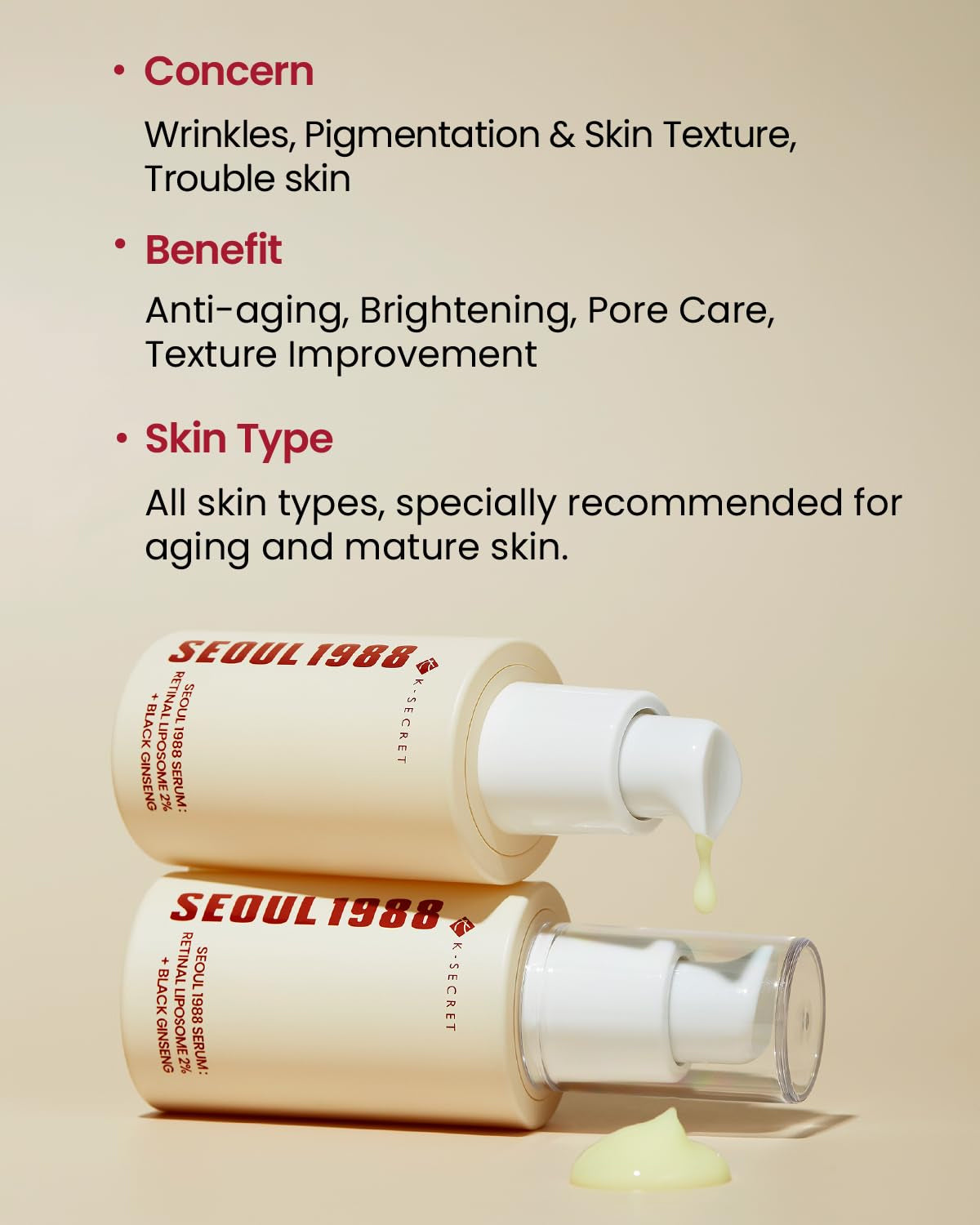 To flasker K-Secret Serum: Retinal Liposome 2% + Black Ginseng 30 ml med lysegul serum på beige baggrund.