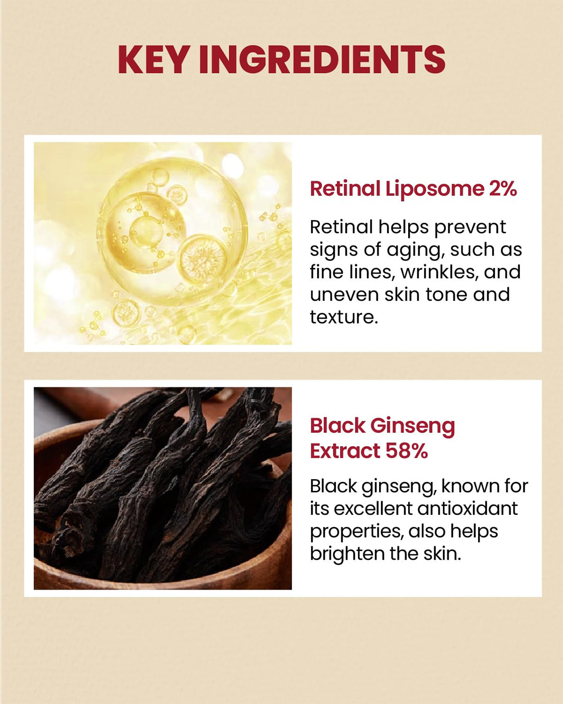 Gule liposomer og sort ginseng i træskål illustrerer nøgleingredienserne i K-Secret Serum: Retinal Liposome 2% + Black Ginseng 30 ml.