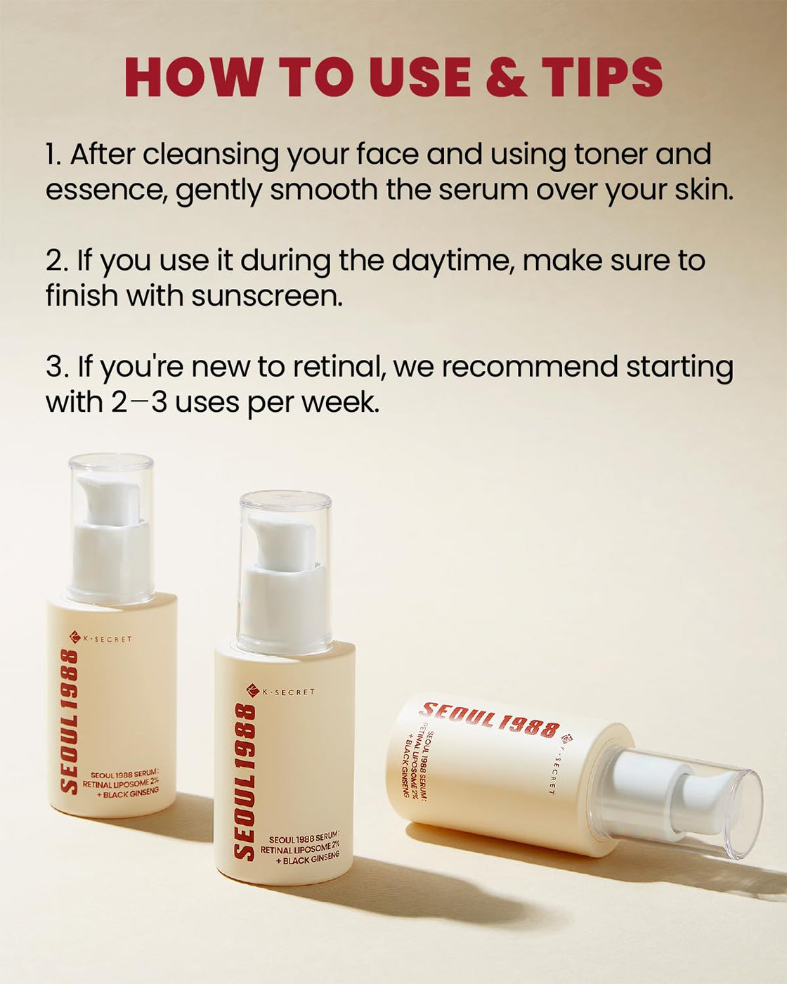 Tre flasker K-Secret Serum: Retinal Liposome 2% + Black Ginseng 30 ml på lyst underlag med brugstips i baggrunden.