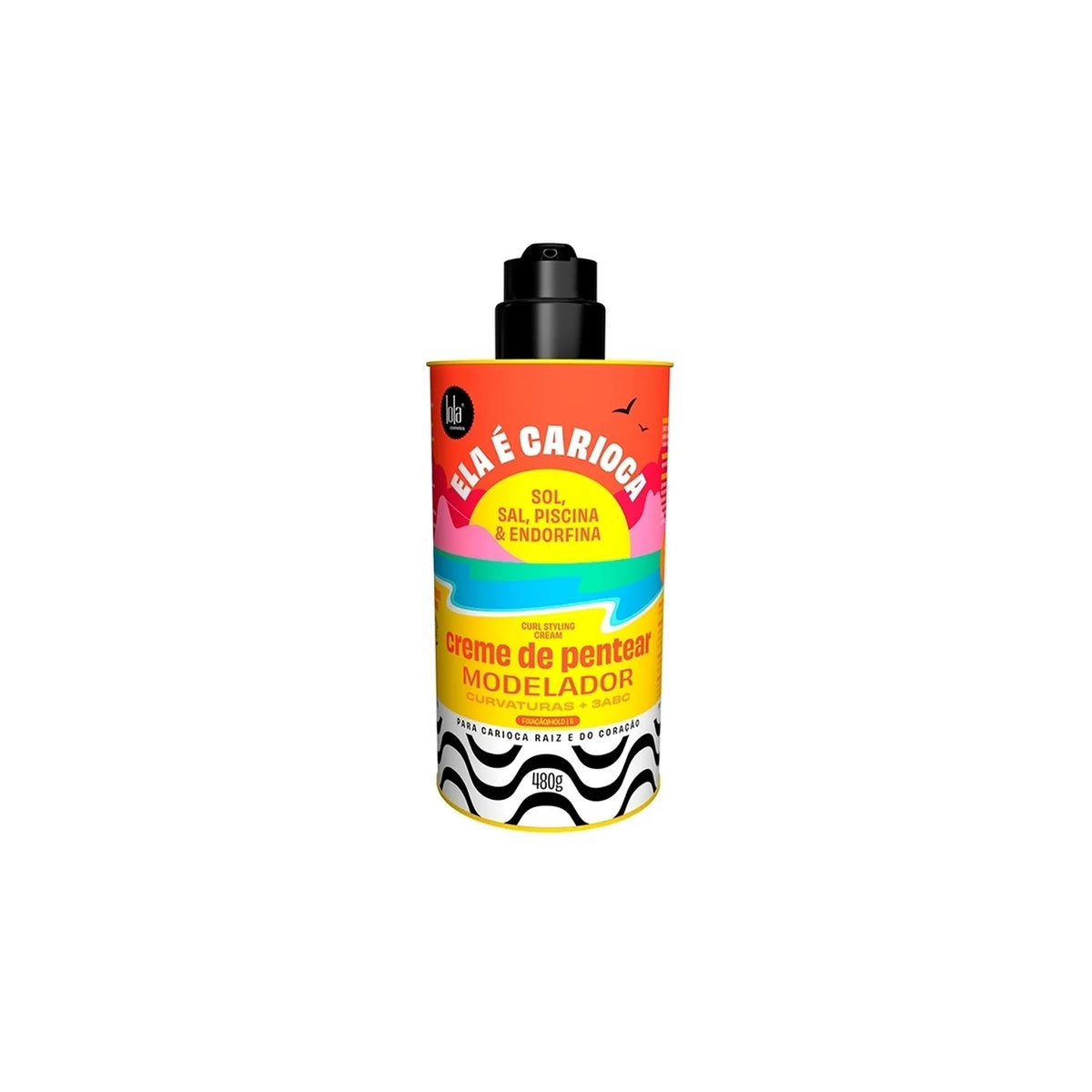 Lola Ela E Carioca Curl Styling Cream 3ABC 480ml i farverig gul, rød og blå flaske med sort pumpe.