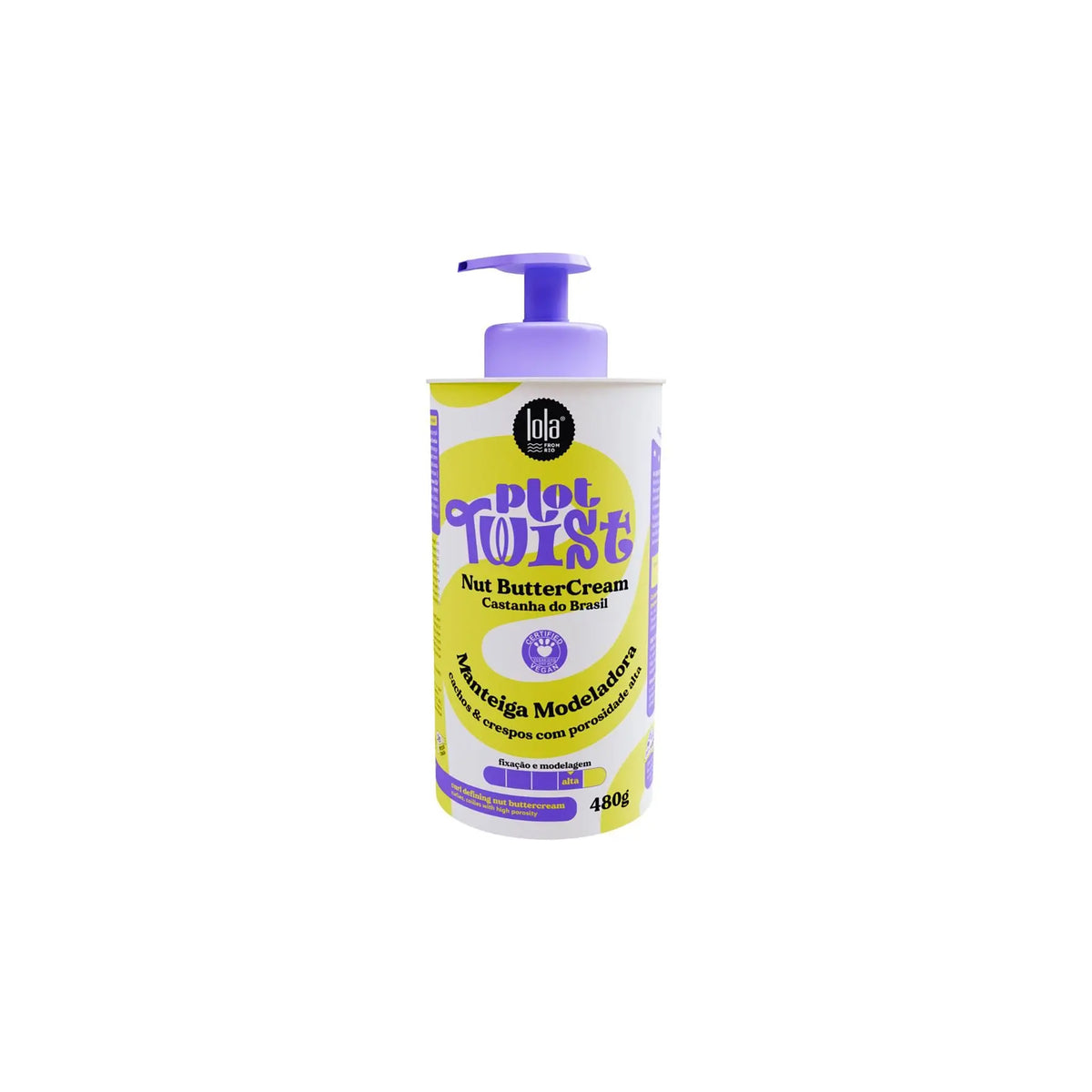 Lilla og gul pumpeflaske med **Lola Plot Twist Nut Butter Cream 480ml** til krøllet og tørt hår.