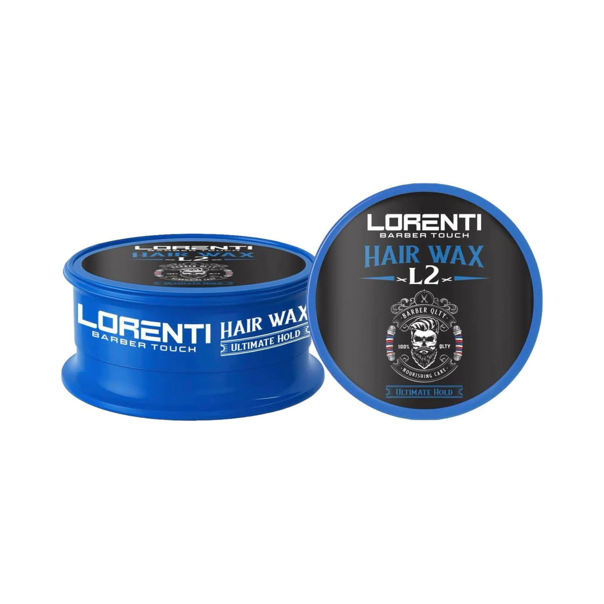 Lorenti Hair Wax L2 – blå dåse med ultimate hold hårvoks, lukket og åben med sort-blåt skæglogo.