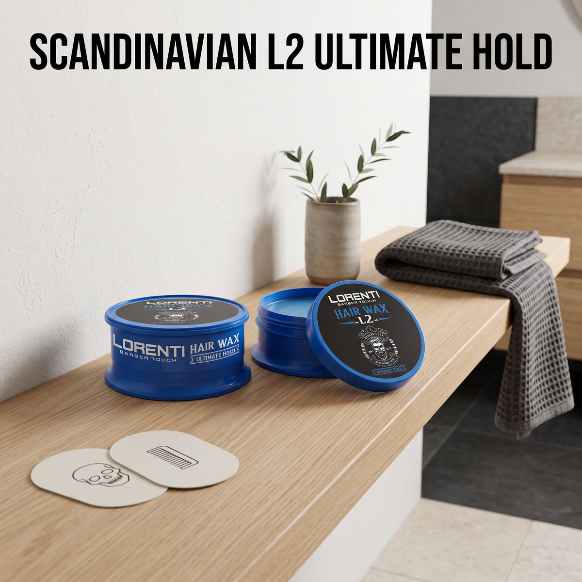 Lorenti Hair Wax L2 Ultimate Hold i blå dåser på træhylde med håndklæde, plante og kam.