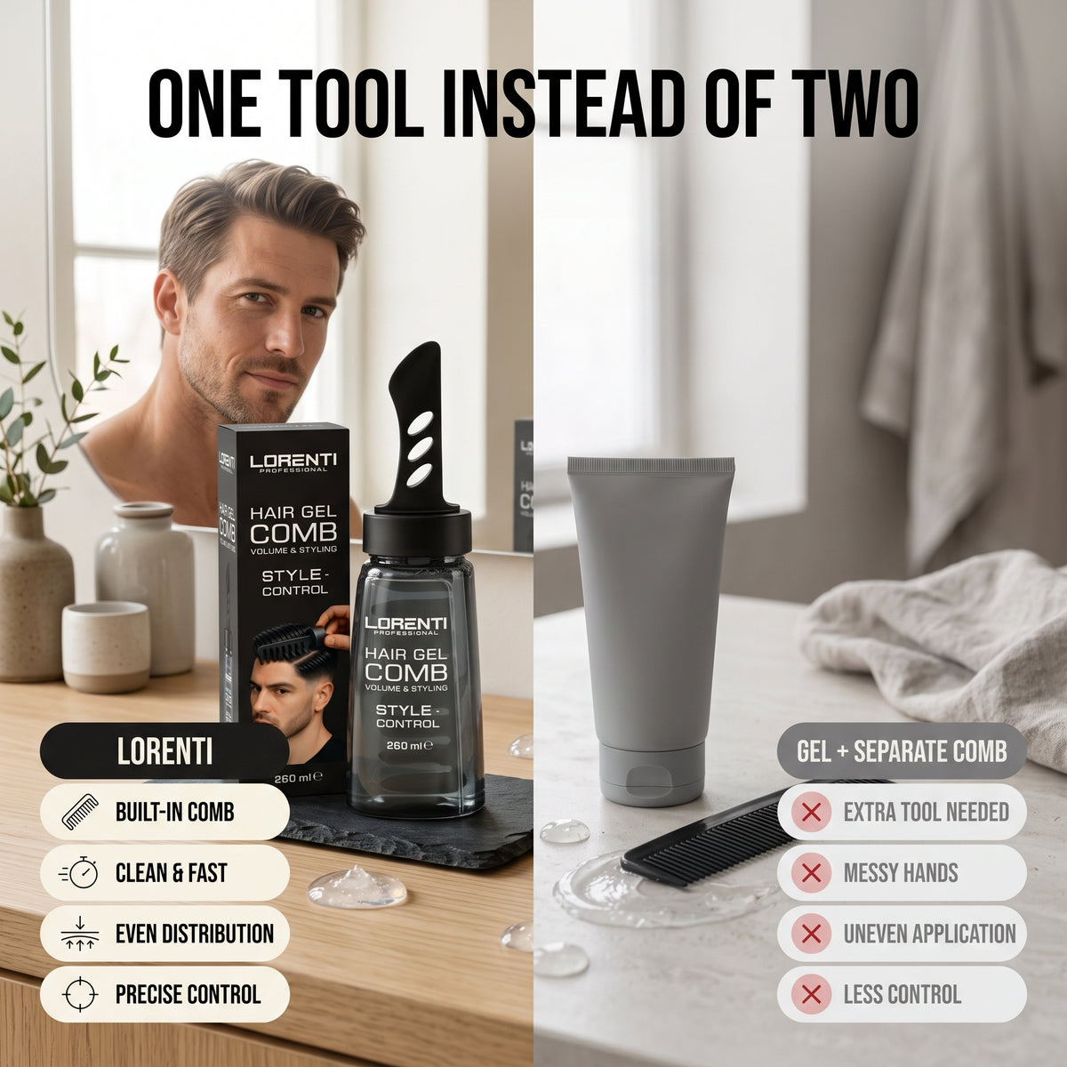 Lorenti Hair Gel Comb med indbygget kam sammenlignet med separat gel og kam på badeværelsesbord.