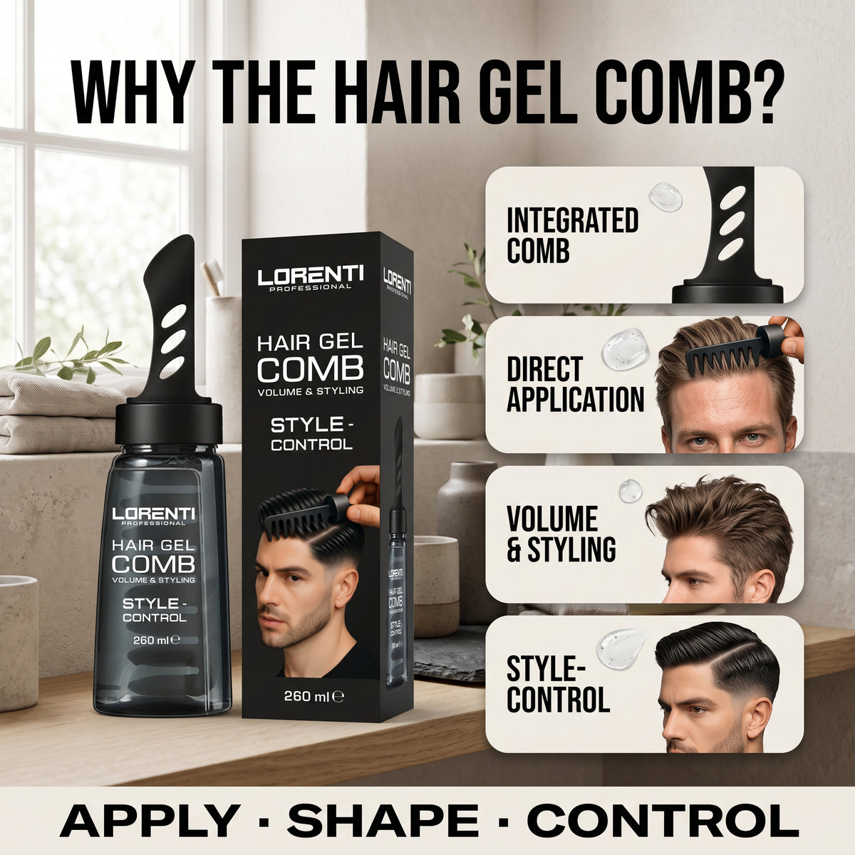 Lorenti Professional Hair Gel Comb 260 ml med integreret kam, påføres direkte i mørkt hår for volumen, styling og style-control.
