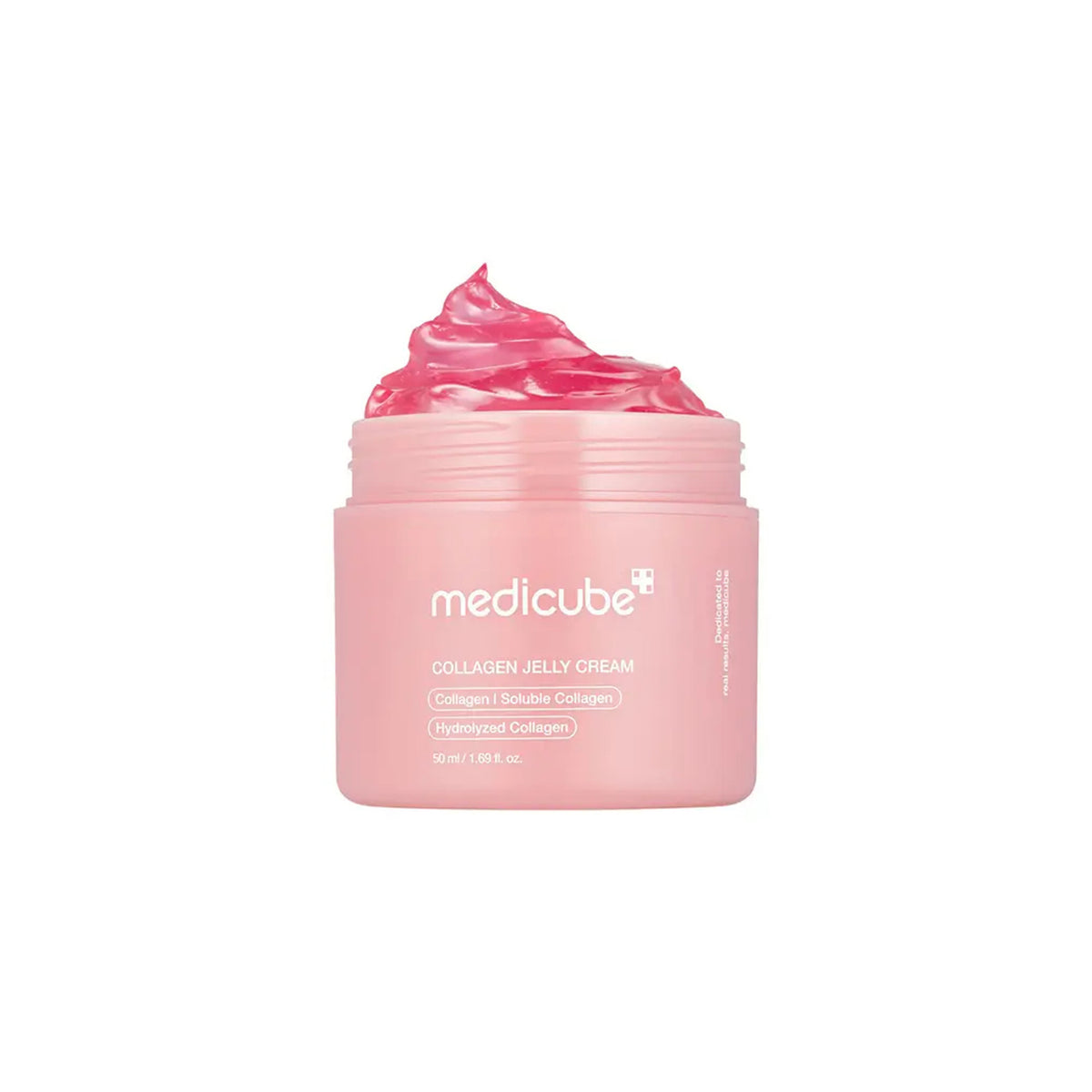 Lyserød krukke med Medicube Collagen Jelly Cream 50ml, fyldt med rosa, gelélignende creme med collagen.