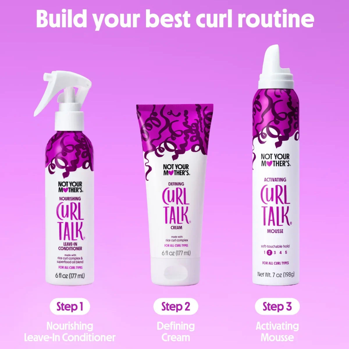 Not Your Mother's Curl Talk hårplejerutine i tre trin: spray, creme og mousse i lilla emballage.