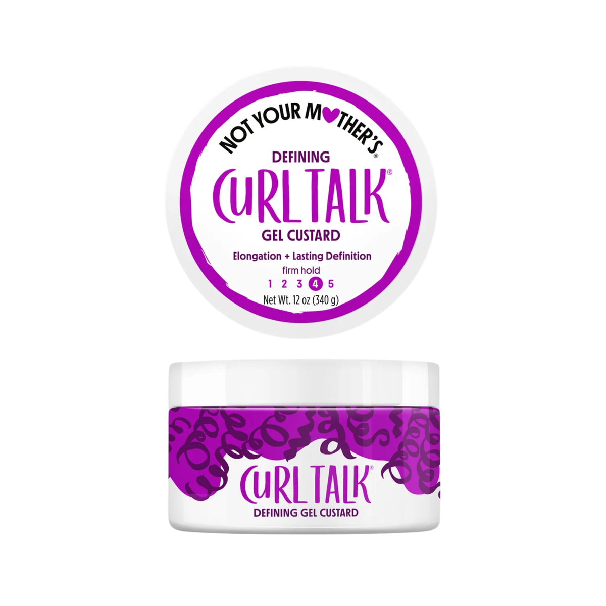 Not Your Mother's Curl Talk Defining Gel Custard i hvid dåse med lilla logo, 340 g, firm hold.