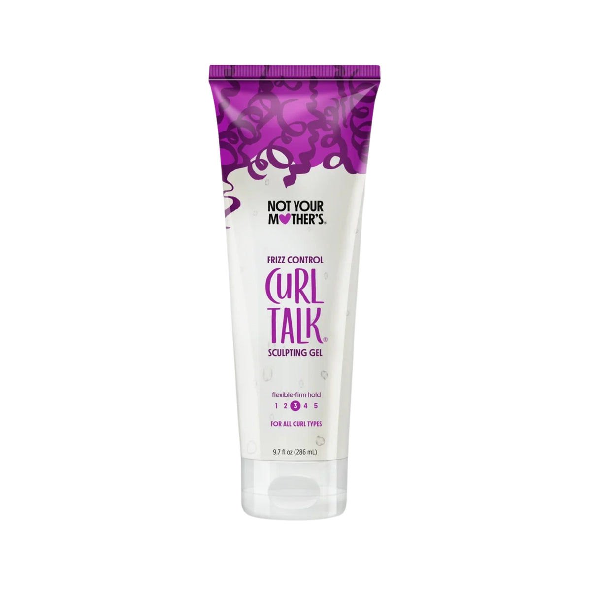 Not Your Mother's Curl Talk Sculpting Gel i hvid tube med lilla låg og krøllet hårmønster, 286 ml.