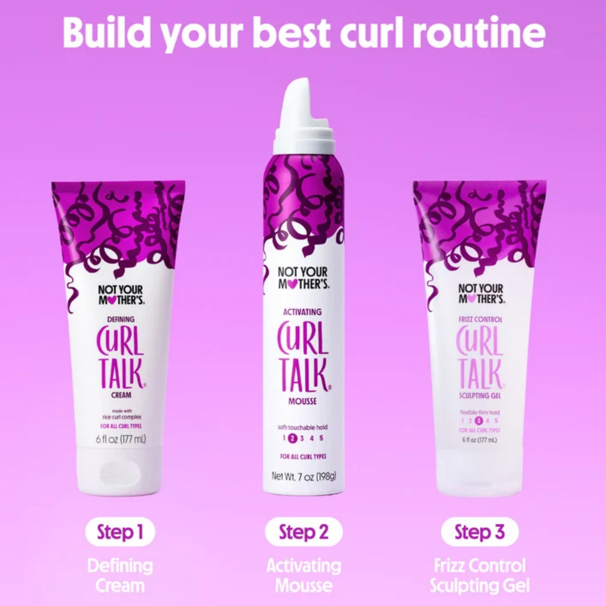 Not Your Mother's Curl Talk krøllerutine i tre trin: Defining Cream, Activating Mousse og Frizz Control Sculpting Gel.