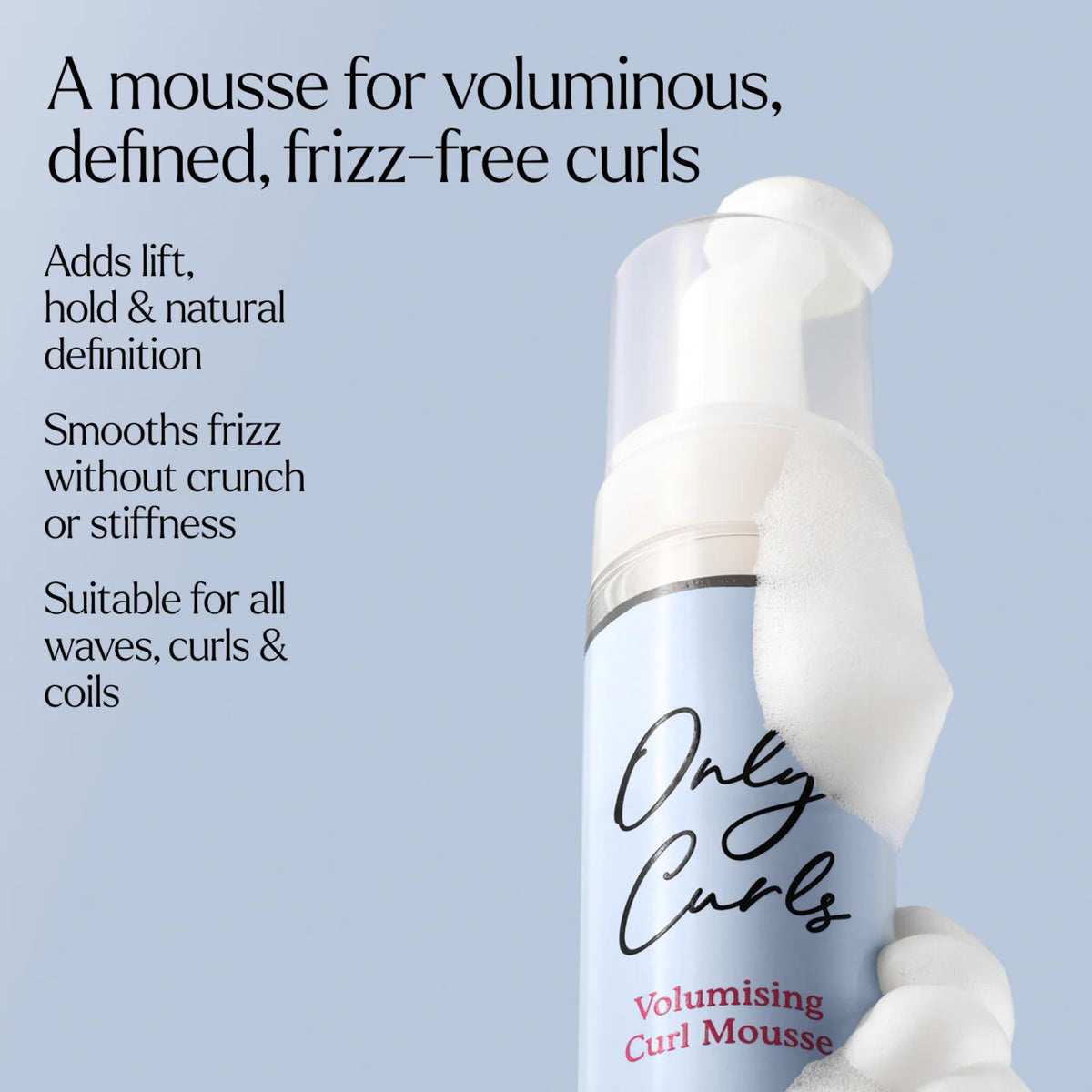 Only Curls Volumising Curl Mousse 200ml – produktdetaljer og ingredienser på lyseblå emballage.